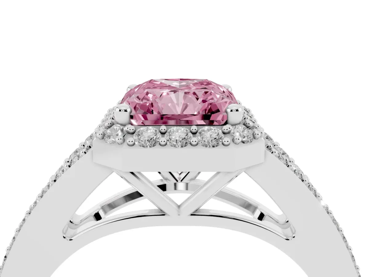 Fancy Pink Radiant Cut Halo Split Shank Pave Diamond Ring with Four-Prong Setting Silver