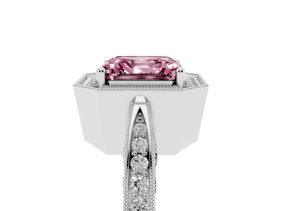 Fancy Pink Asscher Cut Halo Diamond Engagement Ring with Split Shank Band and Four-Prong Setting Platinum