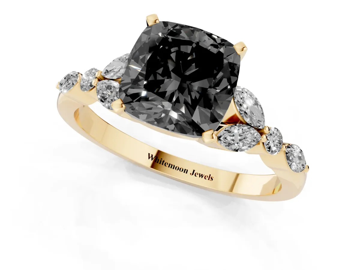 Fancy Black Cushion Cut Diamond Solitaire Ring with Side Stones and Four-Prong Setting Yellow gold