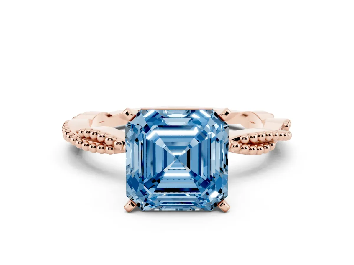 Fancy Blue Asscher Cut Solitaire Twisted Band with Bead Prong Setting Rose gold