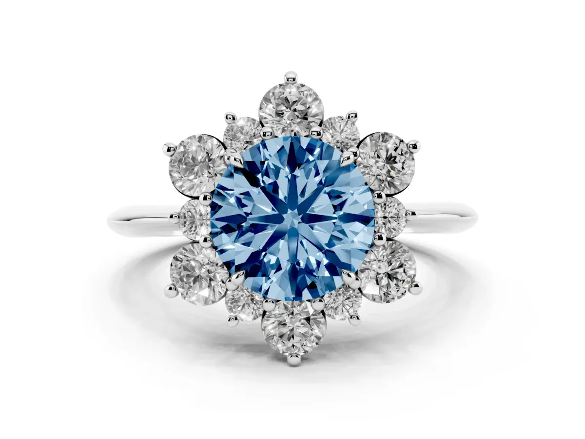Fancy Blue Round Cut Diamond Cluster Halo Ring with Solitaire Band and Four-Prong Setting Silver