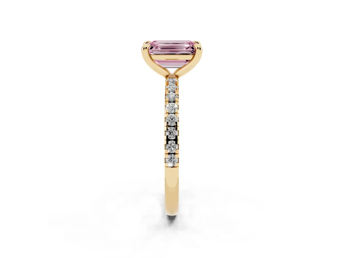 Fancy Pink Emerald Cut Diamond Brilliant Solitaire Ring with Pavé Band and Four-Prong Setting Yellow gold