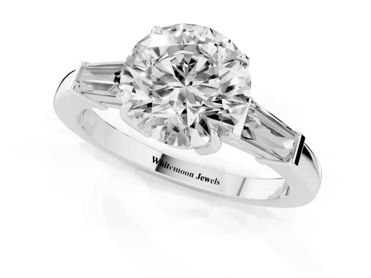 Round Cut Diamond Three-Stone Ring with Tapered Baguette Side Stones and Prong Setting Silver