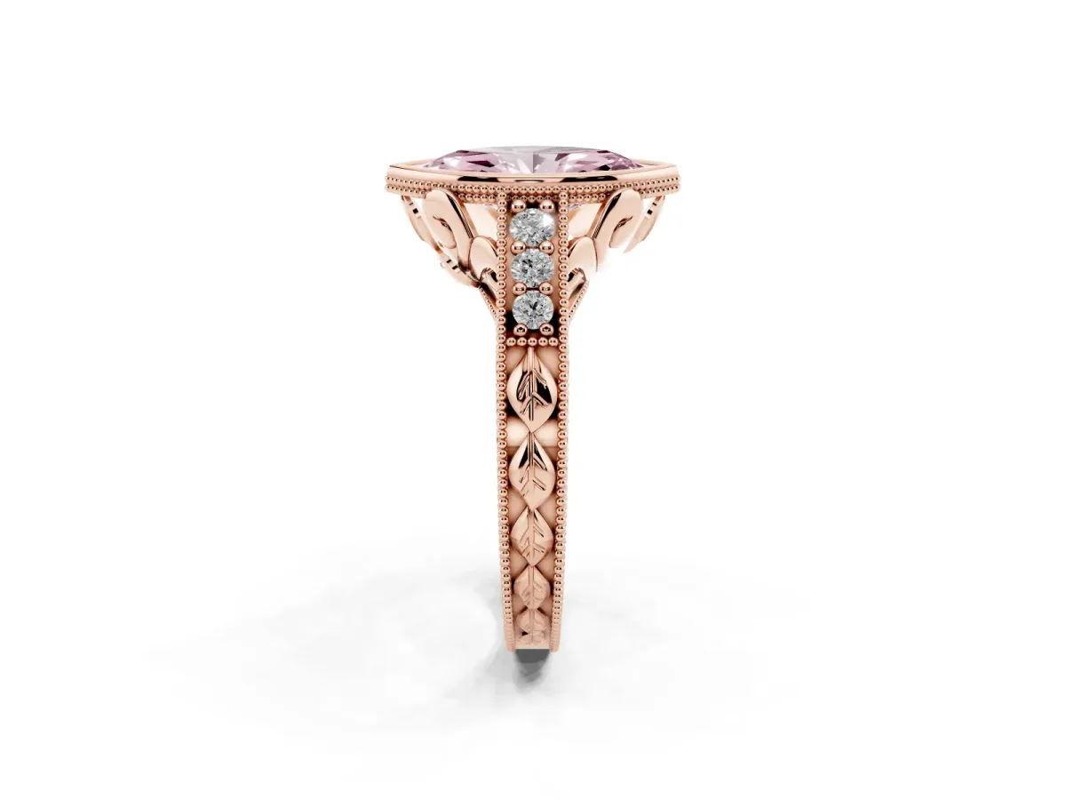 Fancy Pink Bezel Set Marquise Cut Diamond Milgrain Pave Engagement Ring Rose gold