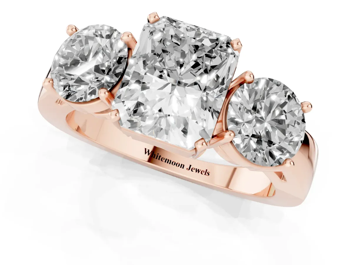 Three-Stone Radiant Cut Diamond Ring with Round Side Stones, Classic Band, and Four-Prong Setting Rose gold
