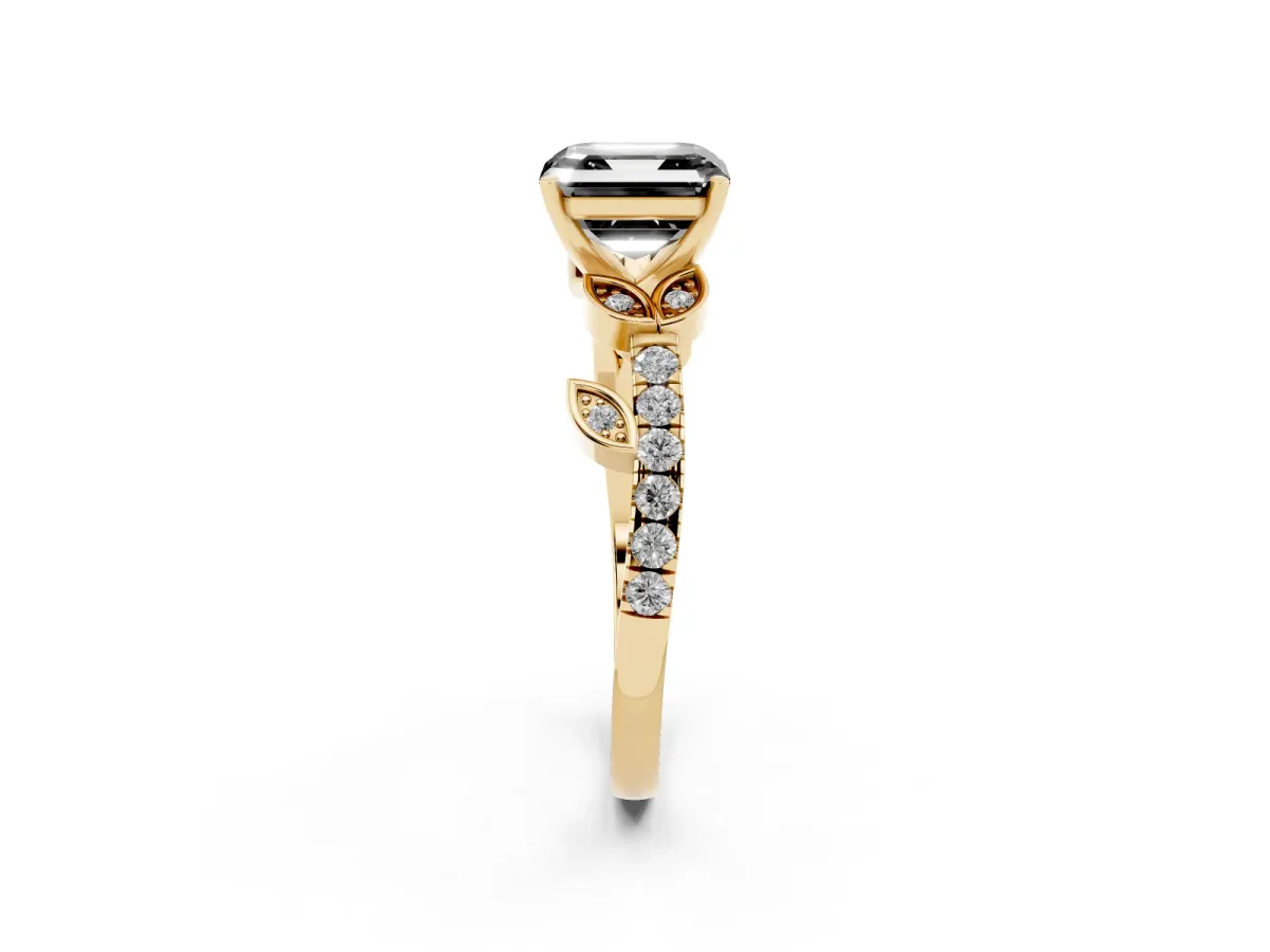 Fancy Black Asscher Cut Solitaire Leaf-Inspired Diamond Ring with Pavé Band and Four-Prong Setting Yellow gold
