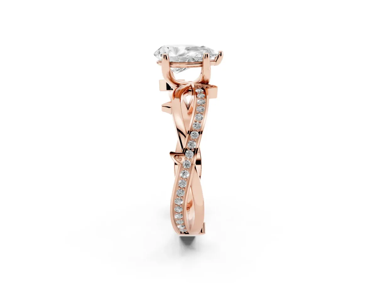 Pear Cut Solitaire Twist Band with Pavé Accents and Four-Prong Setting Rose gold
