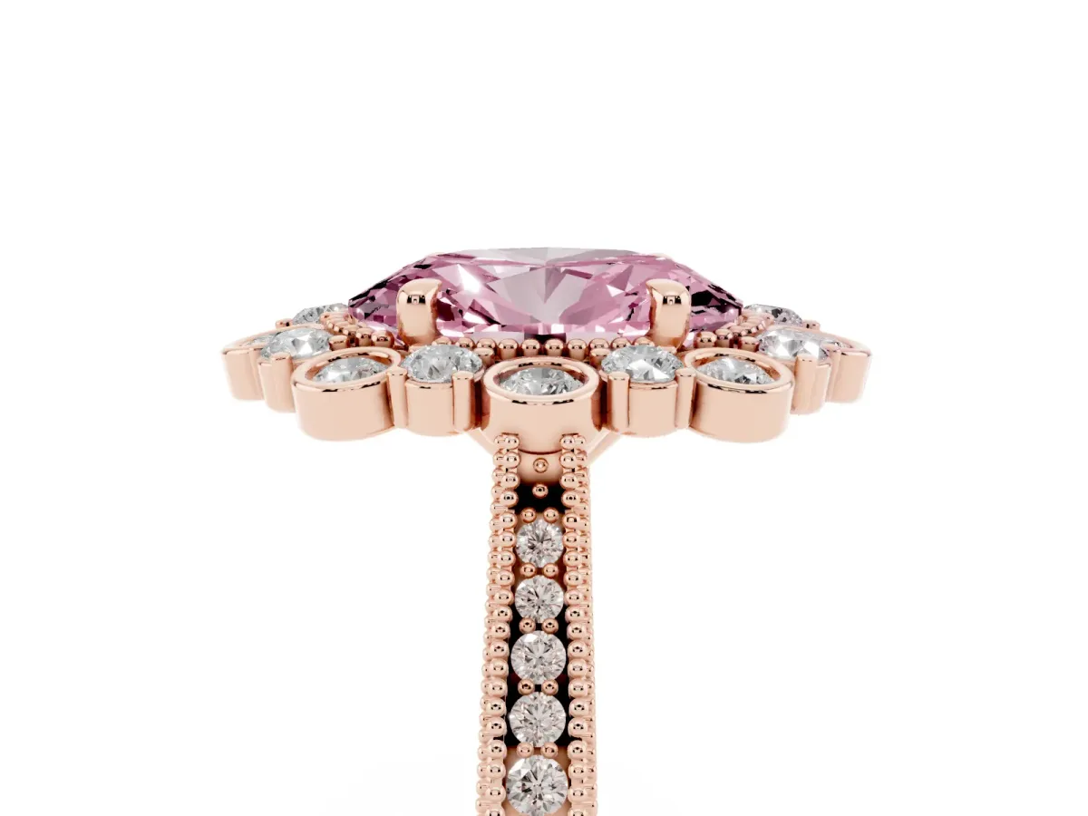 Fancy Pink Oval Cut Halo Milgrain Pave Diamond Ring with Four-Prong Setting Rose gold