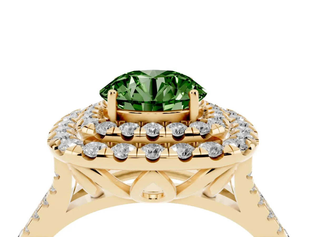Fancy Green Double Halo Round Cut Diamond Pavé Split Shank Ring with Prong Setting Yellow gold