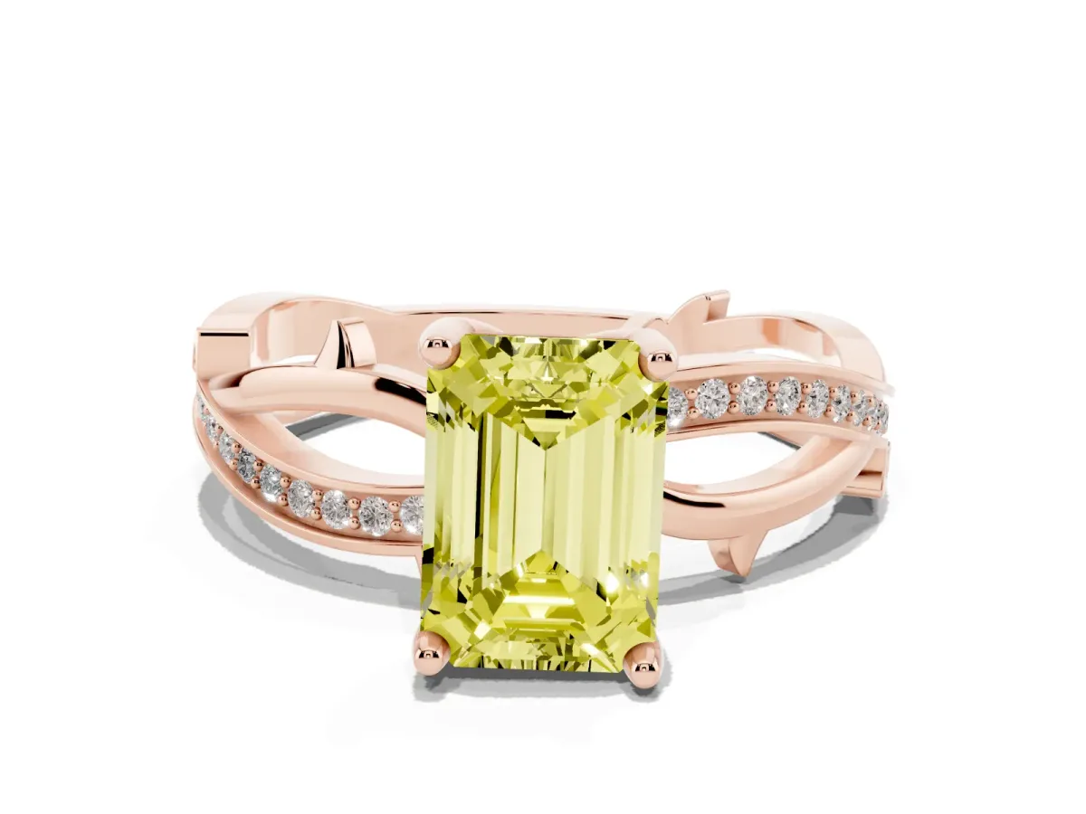 Fancy Yellow Emerald Cut Solitaire Twist Band with Pavé Accents and Four-Prong Setting Rose gold