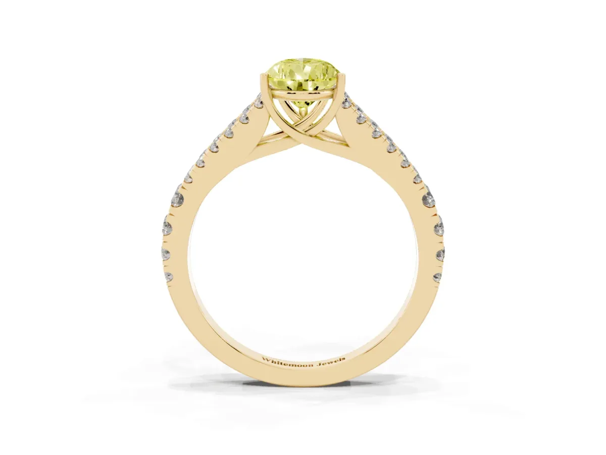 Fancy Yellow Pear Cut Diamond Split Shank Pavé Engagement Ring with Four-Prong Setting Yellow gold