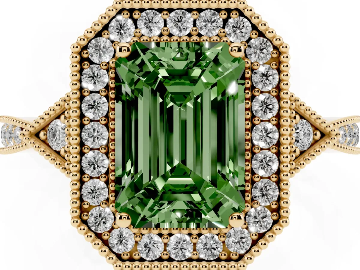 Fancy Green Emerald Cut Halo Round Diamond Milgrain Pave Engagement Ring Yellow gold