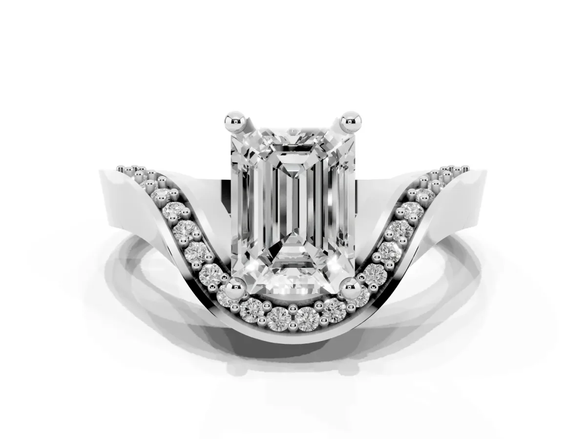 Emerald Cut Solitaire Diamond Engagement Ring with Pave Band and Four-Prong Setting Silver