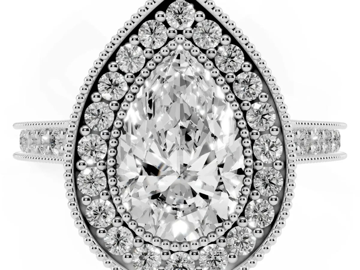 Halo Pear Cut-Cut Diamond Pave Band Milgrain Prong Setting Ring Silver