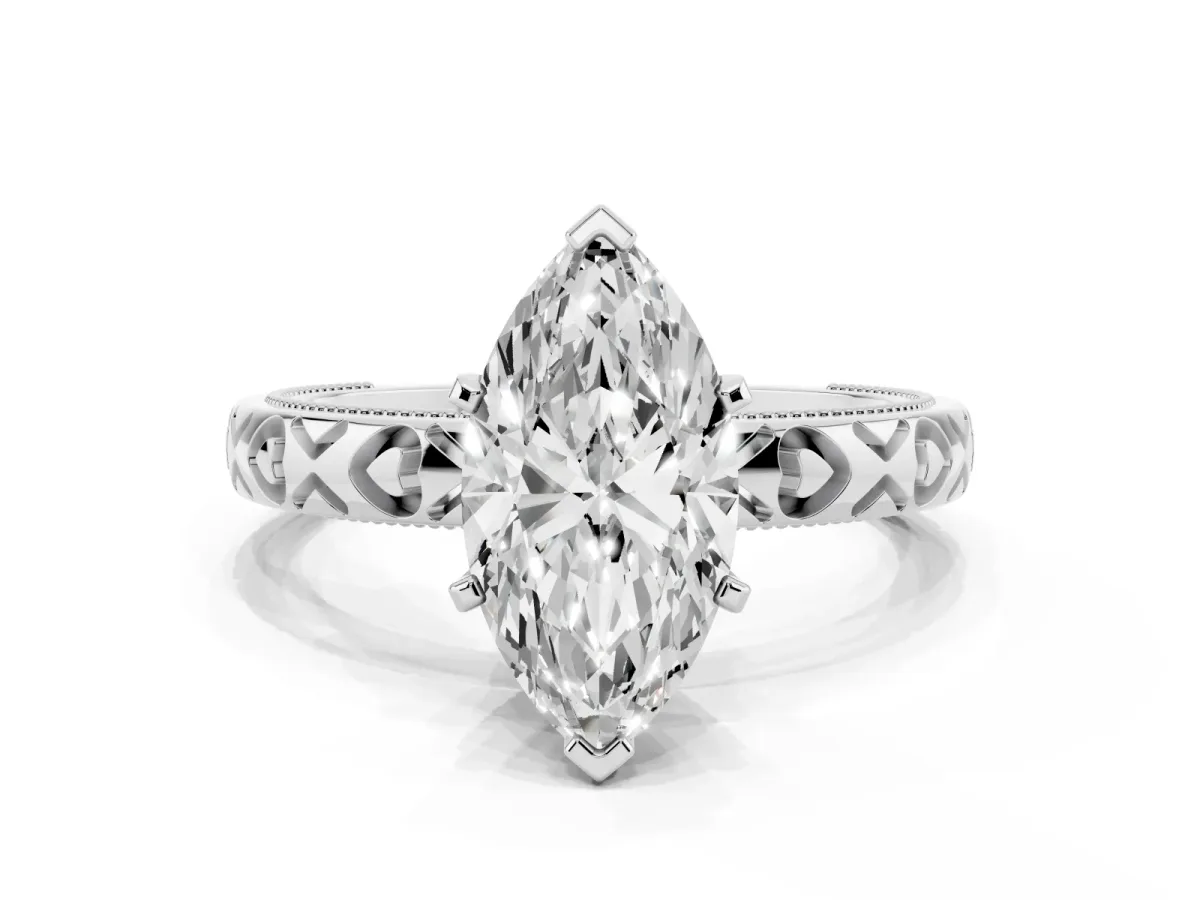 Marquise Cut Solitaire Diamond Engagement Ring with XO Engraved Band and Four-Prong Setting Platinum