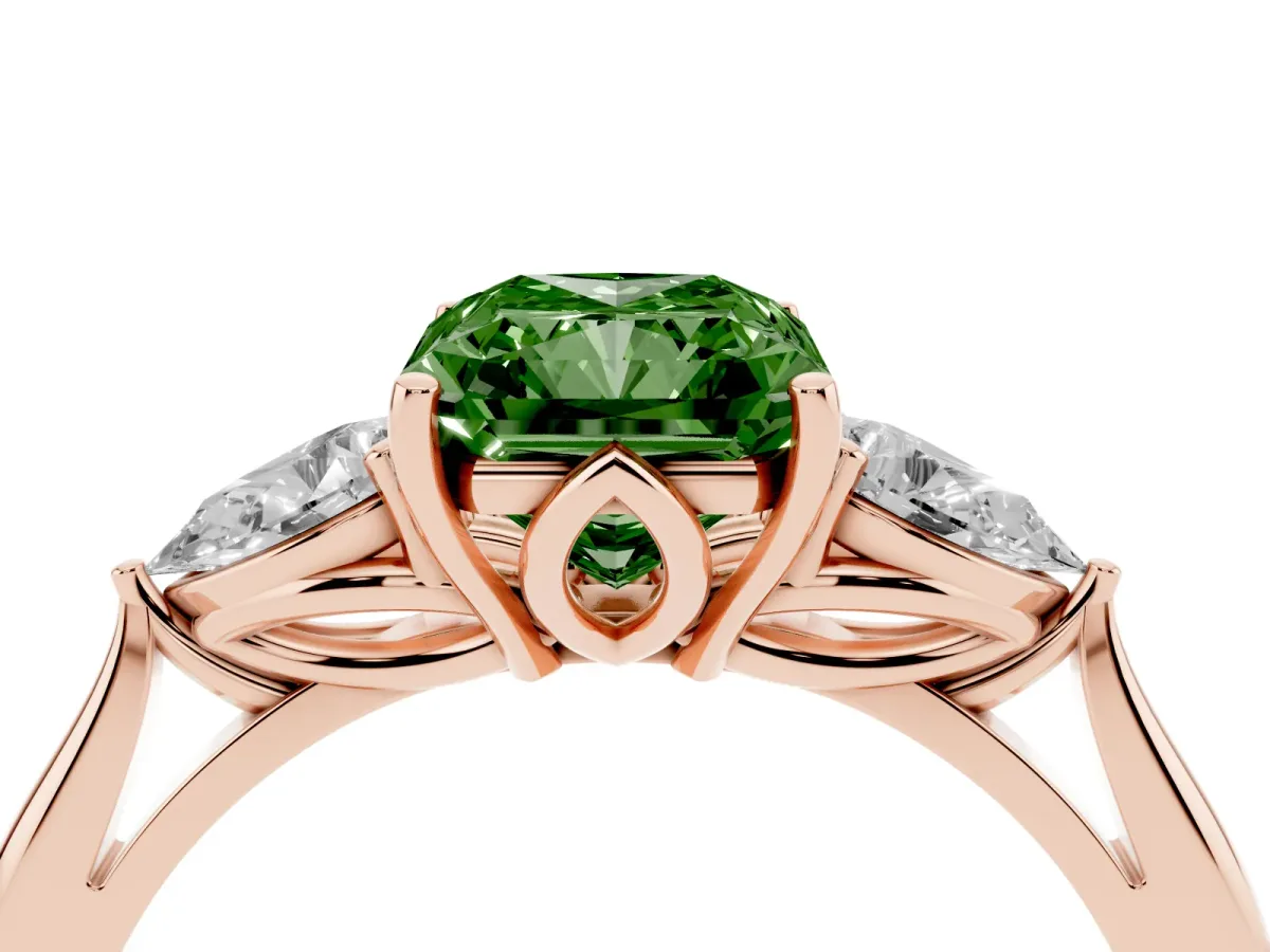 Fancy Green Three-Stone Radiant Cut Diamond Ring with Pear Side Stones in Four-Prong Setting Rose gold