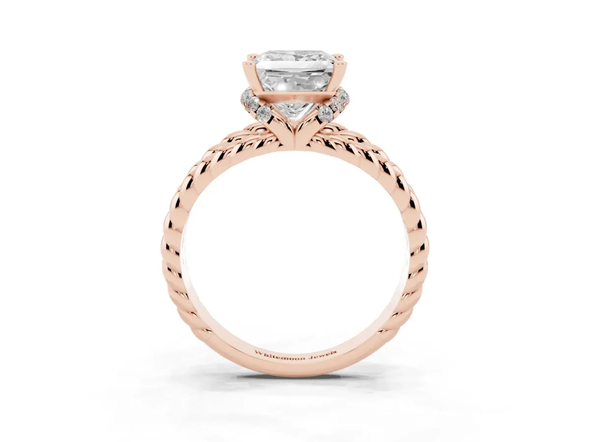 Princess Cut Halo Twisted Band Four-Prong Ring Rose gold