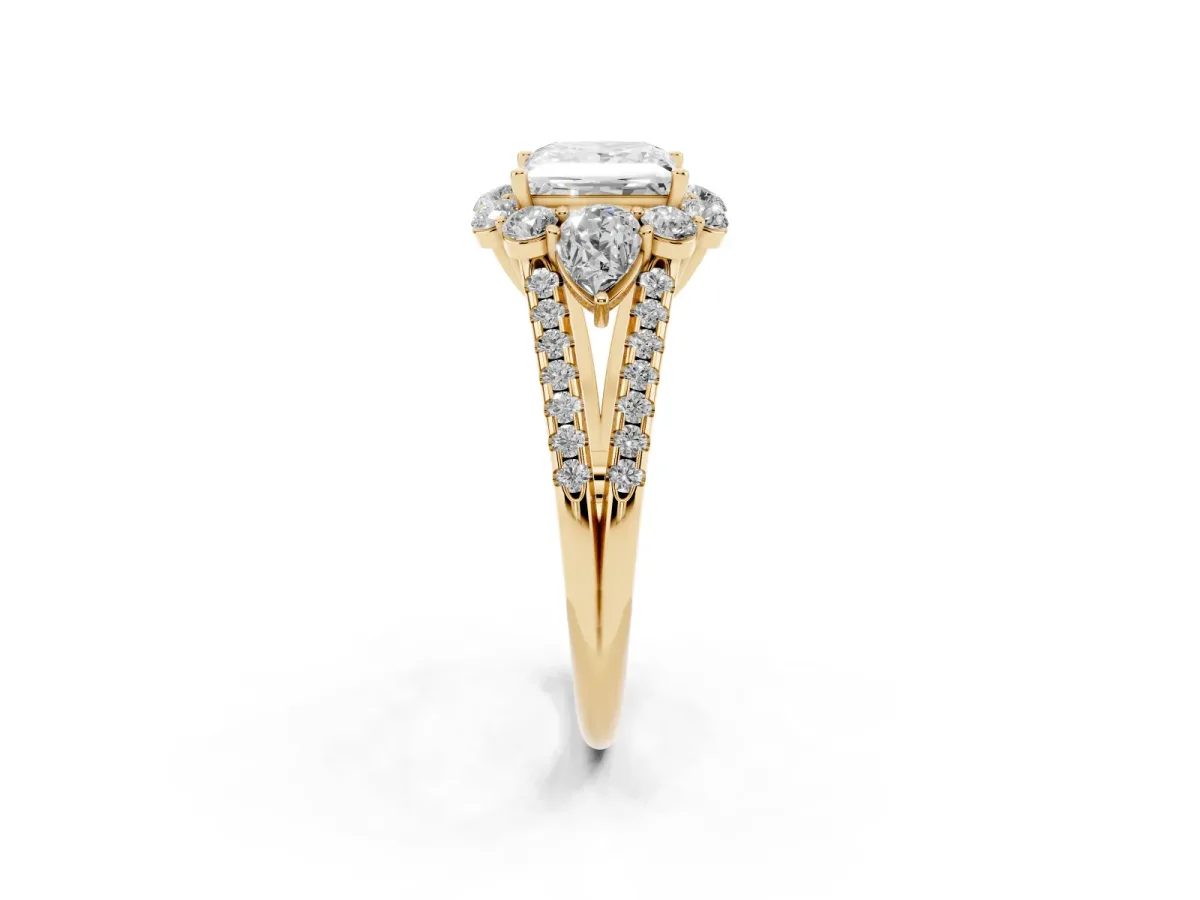 Princess Cut Halo Split Shank Diamond Engagement Ring with Prong Setting Yellow gold