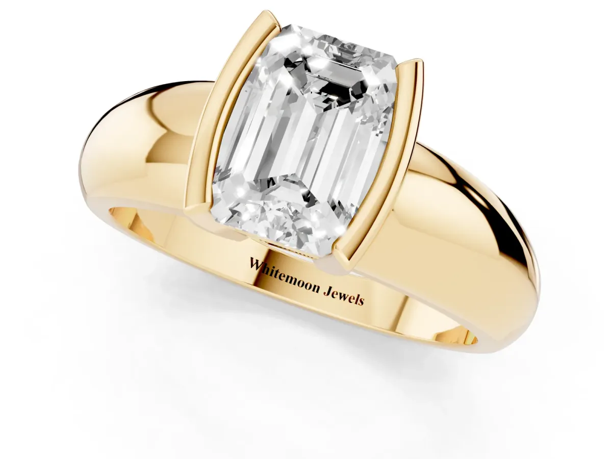 Emerald Cut Solitaire Tension Set Diamond Ring with Wide Band Yellow gold