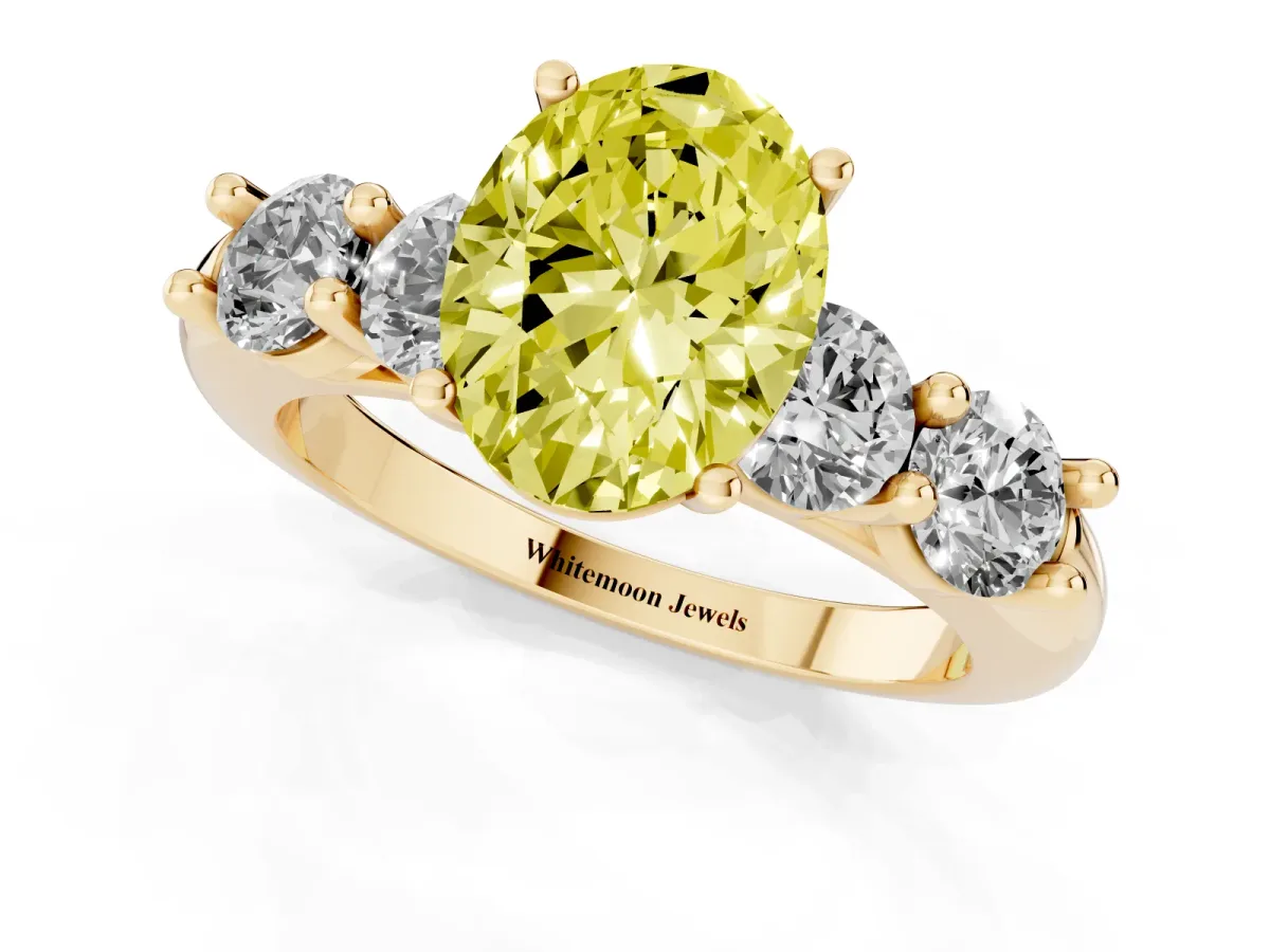 Fancy Yellow Oval Cut Cut Five-Stone Prong Set Diamond Ring with Classic Band Yellow gold