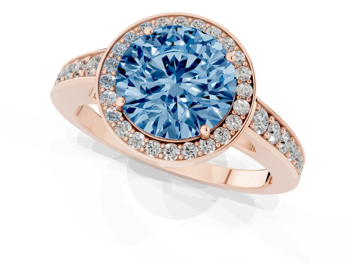 Fancy Blue Round Cut Halo Pavé Diamond Engagement Ring with Bezel Setting Rose gold