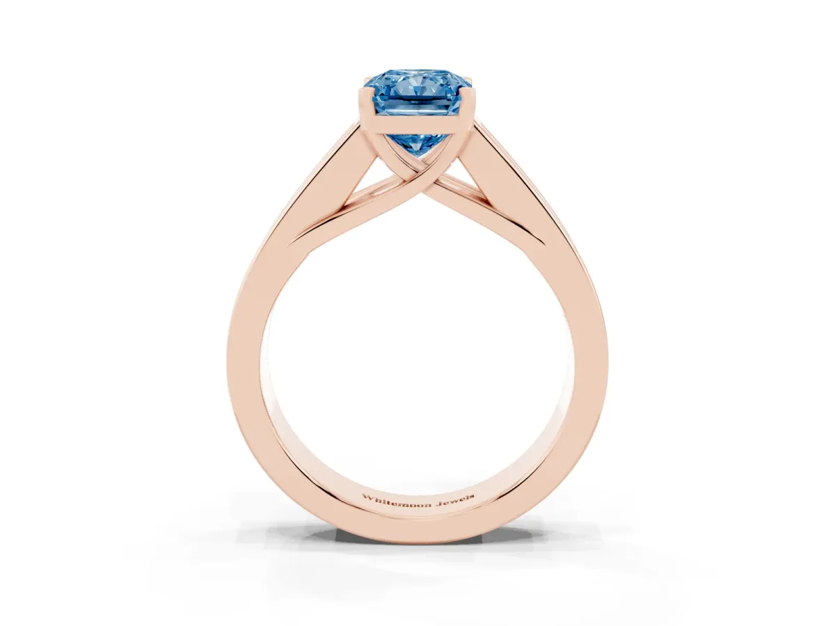 Fancy Blue Radiant Cut Cut Channel Set Solitaire Ring with Four-Prong Setting Rose gold