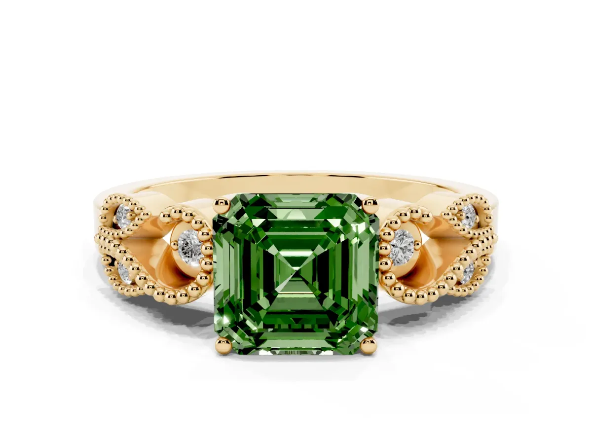 Fancy Green Asscher Cut Solitaire Milgrain Leaf Band with Prong Setting Yellow gold