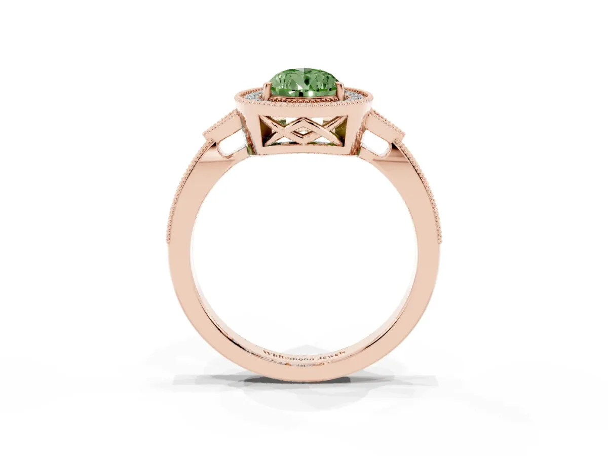 Fancy Green Pear Cut Halo Round Diamond Milgrain Pave Engagement Ring Rose gold