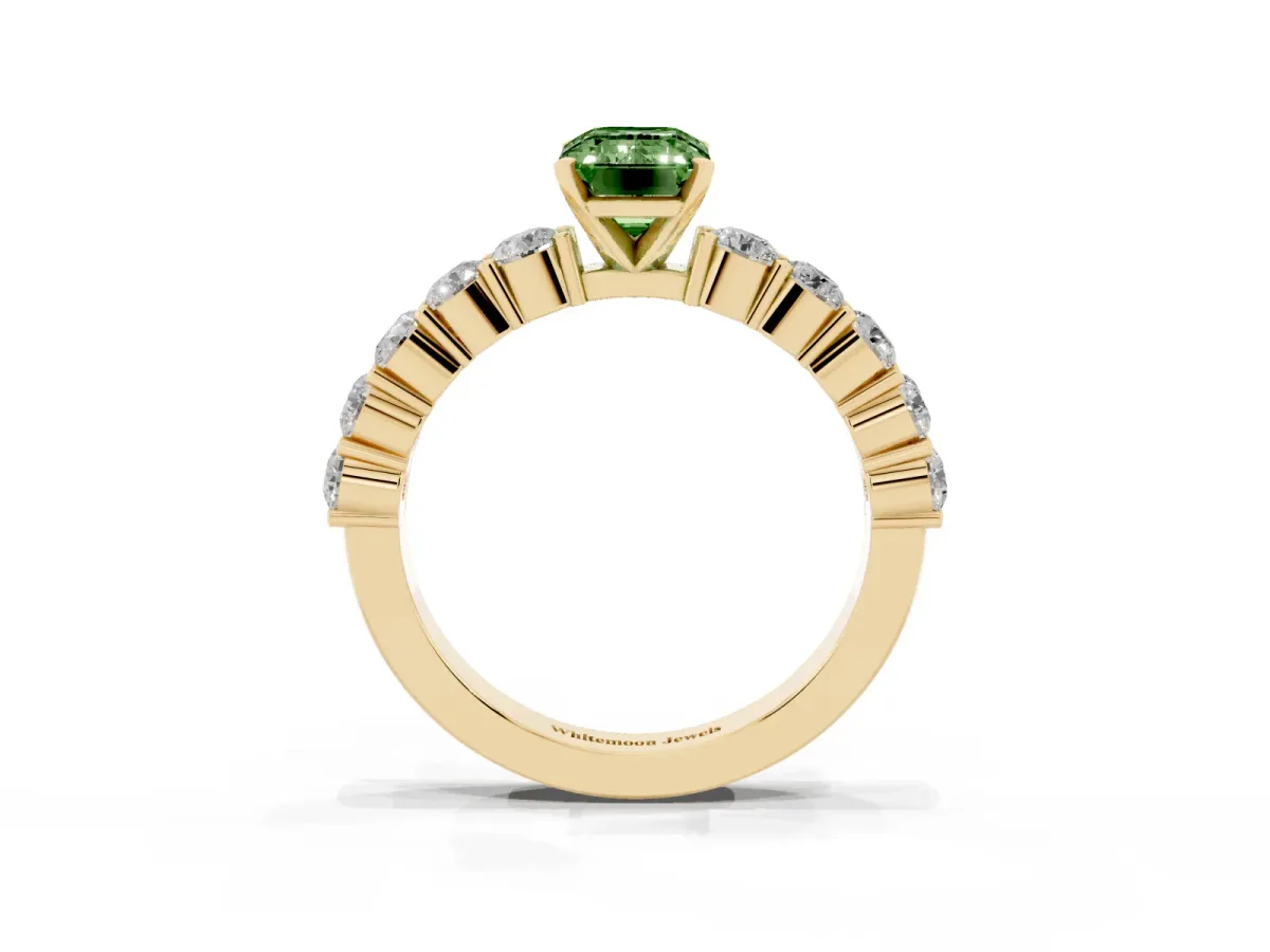 Fancy Green Emerald Cut Diamond Solitaire Ring with Shared Prong Round Side Stones Yellow gold