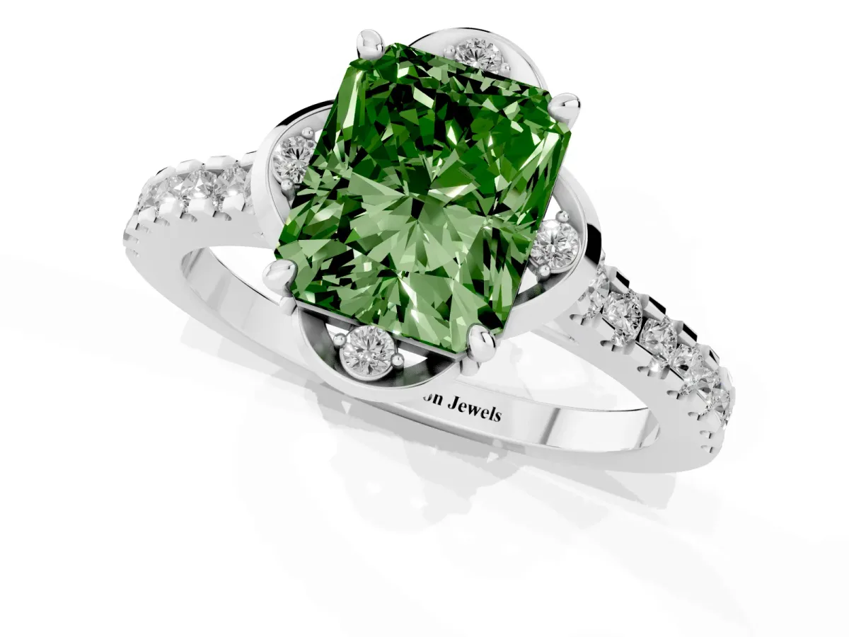 Fancy Green Radiant Cut Diamond Ring with Pavé Band and Floral Prong Setting Platinum