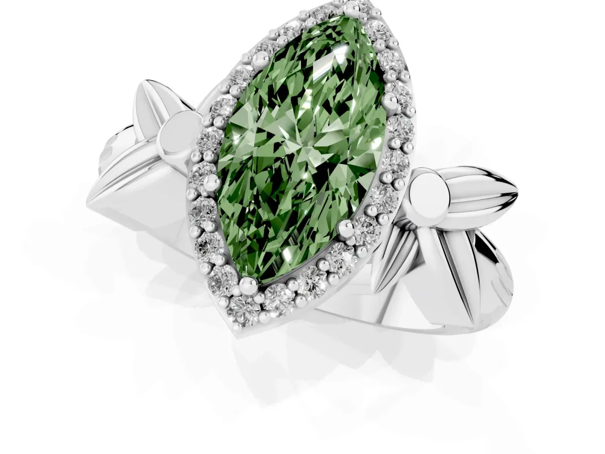 Fancy Green Marquise Cut Halo Diamond Floral Band with Four-Prong Setting White gold