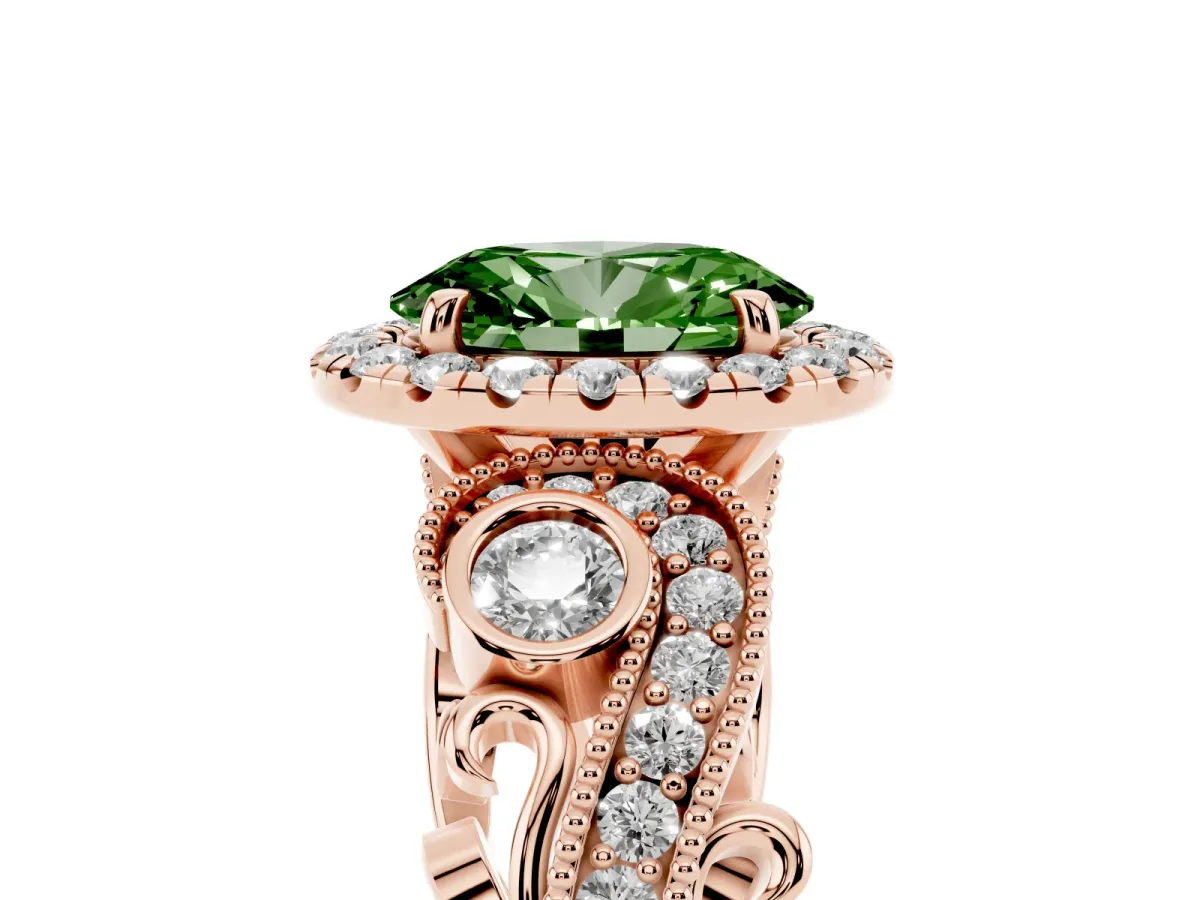 Fancy Green Oval Cut Halo Diamond Ring with Milgrain and Bezel Accents on a Split Shank Band Rose gold