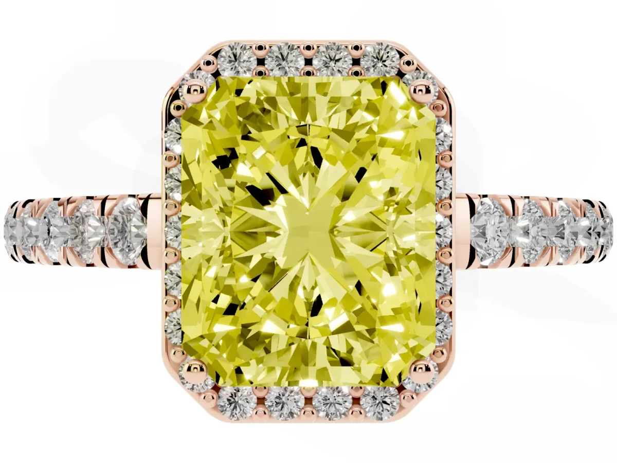 Fancy Yellow Radiant Cut Cut Halo Diamond Engagement Ring with Pave Band and Four-Prong Setting Rose gold