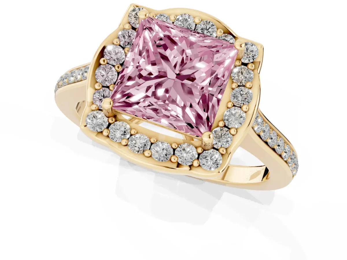 Fancy Pink Princess Cut Halo Round Diamond Pave Band with Four-Prong Setting Yellow gold