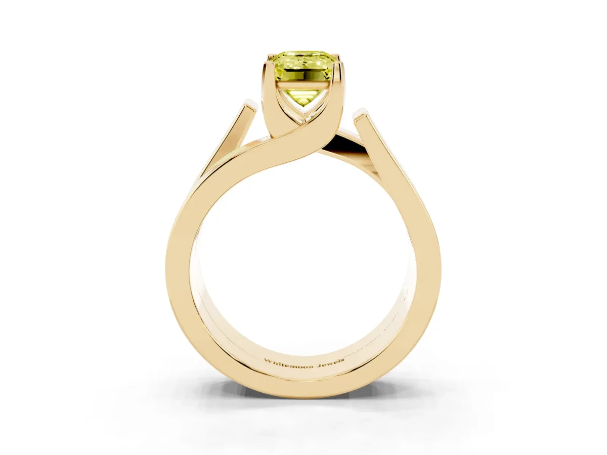 Fancy Yellow Modern Tension Set Emerald Cut Diamond Solitaire Wide Band Ring Yellow gold