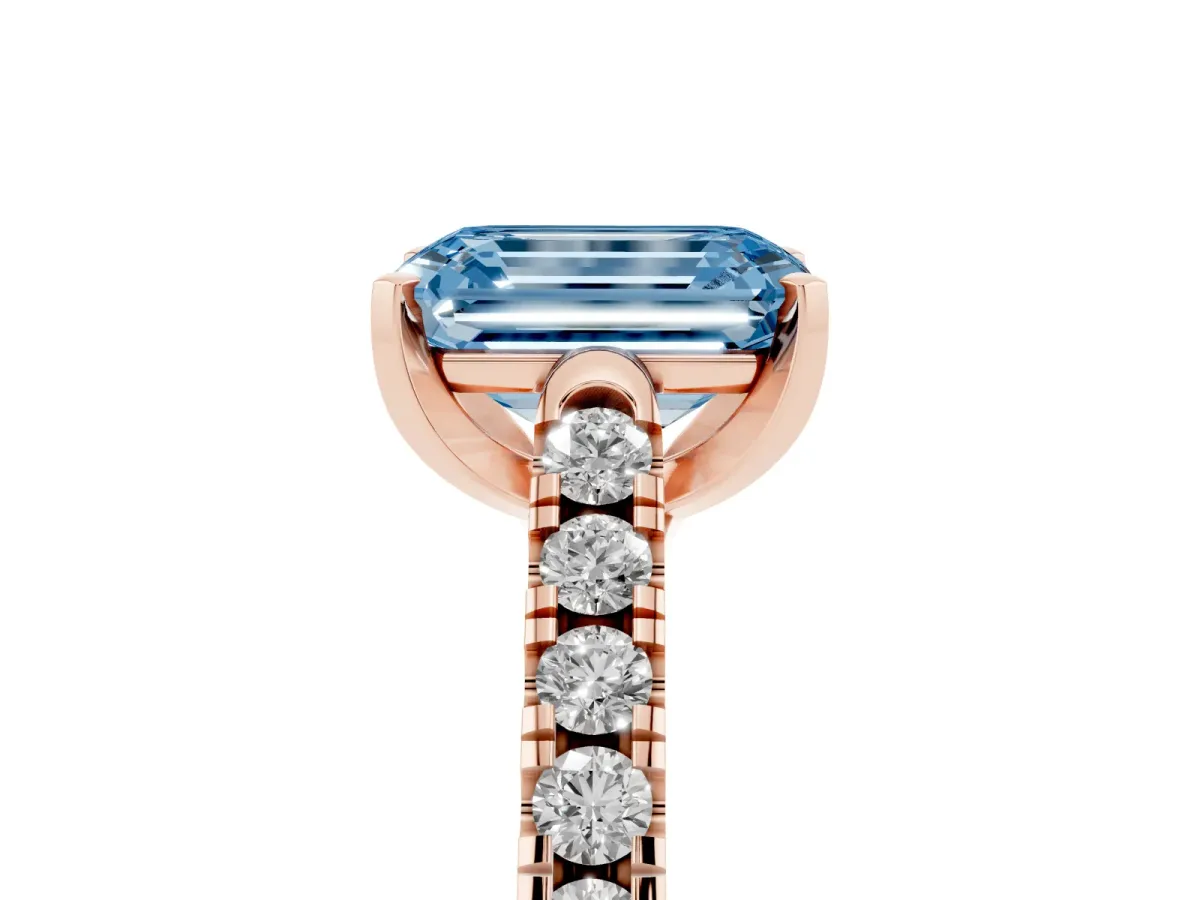 Fancy Blue Emerald Cut Diamond Pavé Band Solitaire Ring with Prong Setting Rose gold