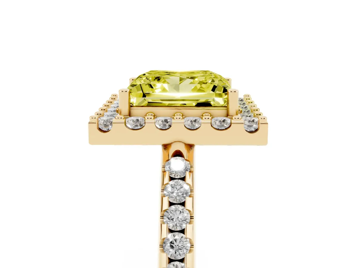 Fancy Yellow Princess Cut Diamond Pavé Halo Ring with Four-Prong Setting Yellow gold