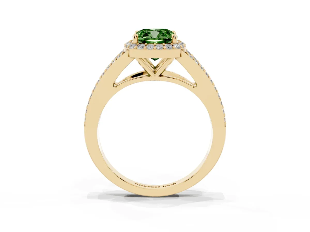 Fancy Green Cushion Cut Halo Split Shank Diamond Ring with Prong Setting Yellow gold