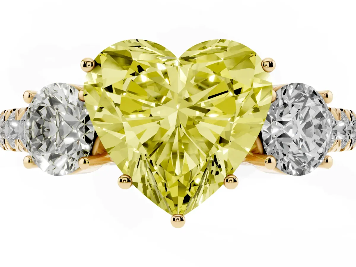 Fancy Yellow Heart Cut Cut Diamond Three-Stone Ring with Round Side Stones and Pavé Band Yellow gold