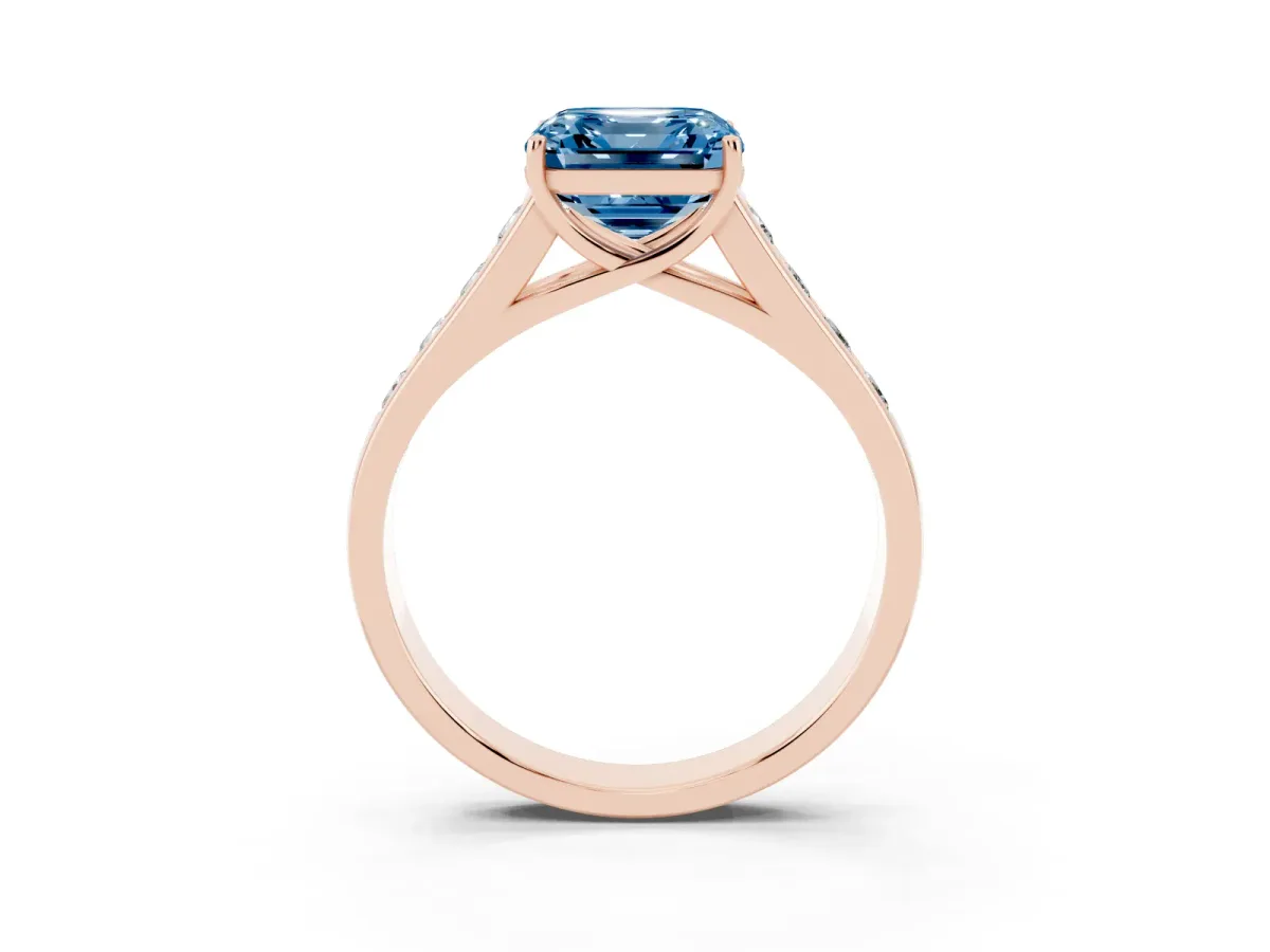 Fancy Blue Asscher Cut Brilliant Channel-Set Solitaire Ring with Four-Prong Setting Rose gold