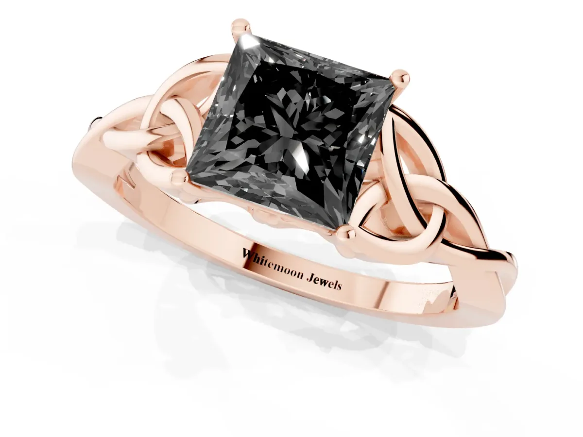 Fancy Black Princess Cut Diamond Solitaire Engagement Ring with Celtic Knot Band and Four-Prong Setting Rose gold