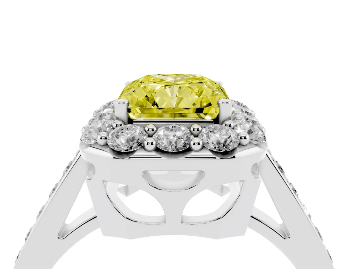 Fancy Yellow Radiant Cut Diamond Floral Halo Ring with Pavé Band and Prong Setting Platinum