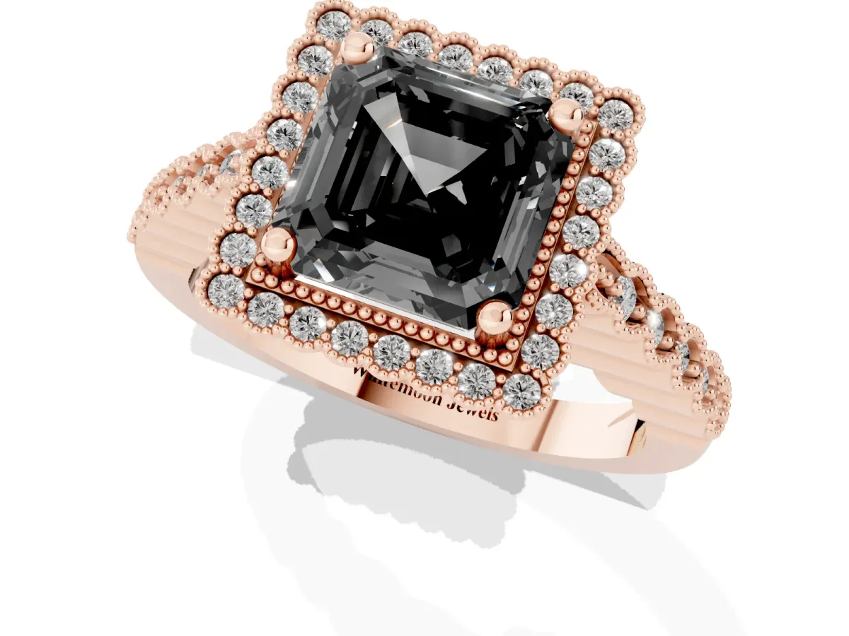 Fancy Black Asscher Cut Cut Halo Pavé Solitaire Ring with Milgrain Band Rose gold