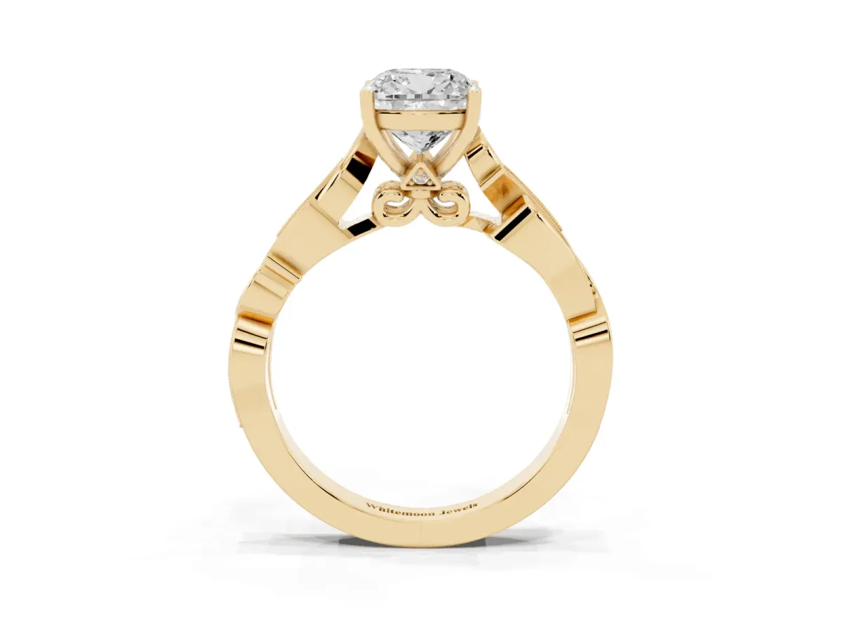 Cushion Cut Solitaire Vine Band with Milgrain Prong Setting Yellow gold