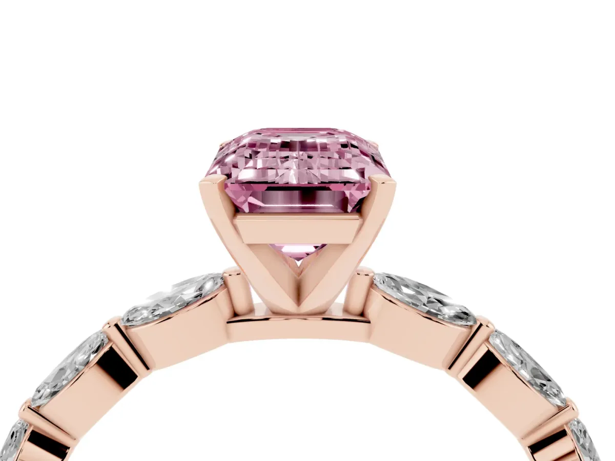 Fancy Pink Emerald Cut Diamond Ring with Marquise Side Stones and Prong Setting Rose gold