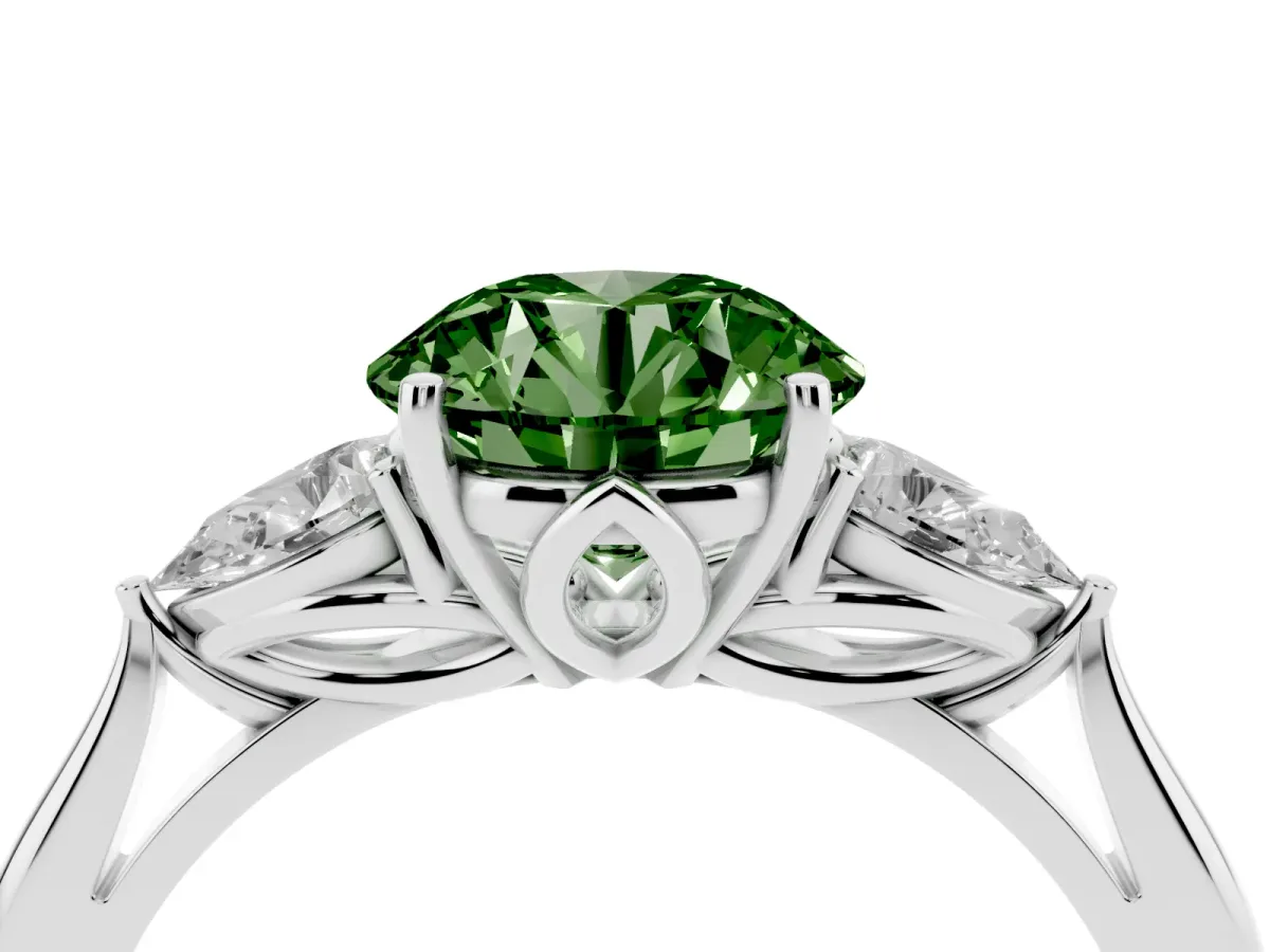 Fancy Green Round Cut Diamond Three-Stone Ring with Pear Side Stones and Prong Setting Platinum