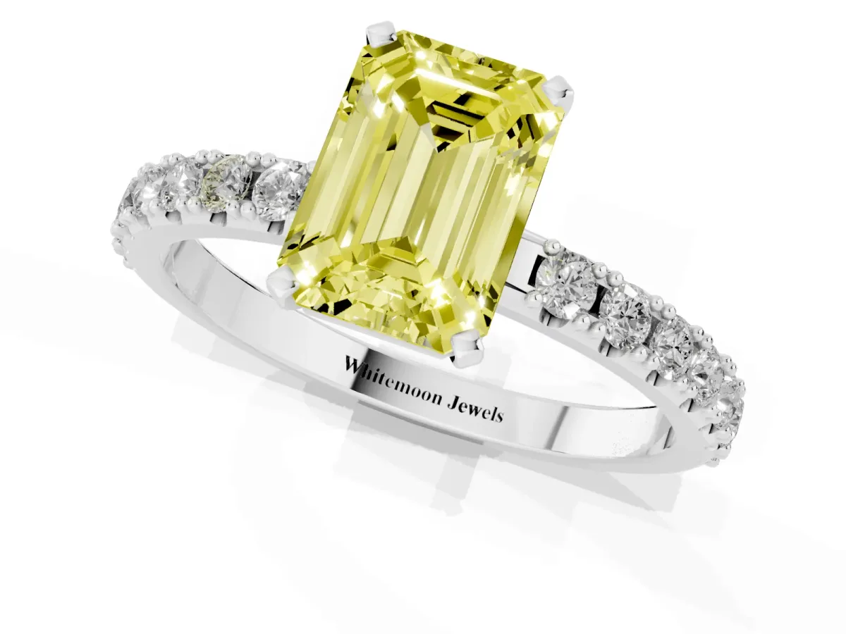 Fancy Yellow Emerald Cut Diamond Solitaire Pavé Band with Four-Prong Setting Silver