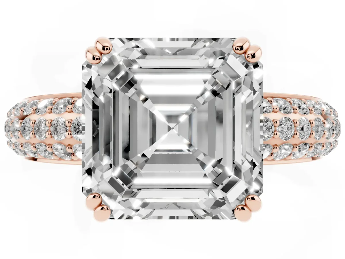 Asscher Cut Diamond Solitaire Ring with Multi-Row Round Pavé Band and Prong Setting Rose gold