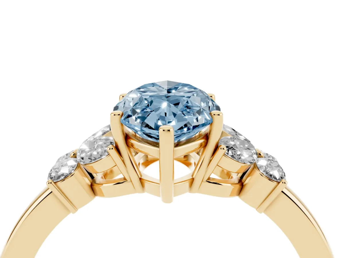 Fancy Blue Marquise Cut Cut Solitaire Floral Diamond Ring with Four-Prong Setting Yellow gold