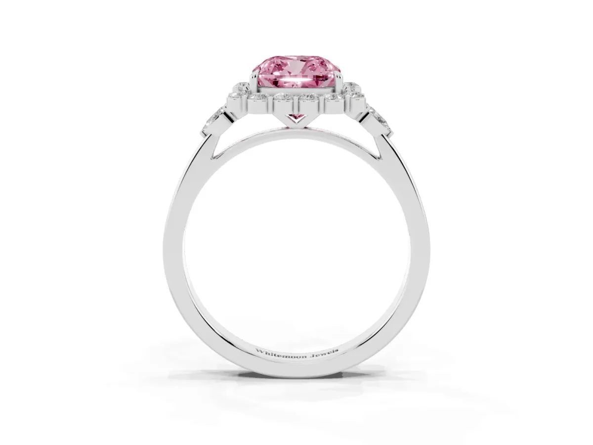Fancy Pink Cushion Cut Diamond Halo Ring with Pear Side Stones and Prong Setting Silver